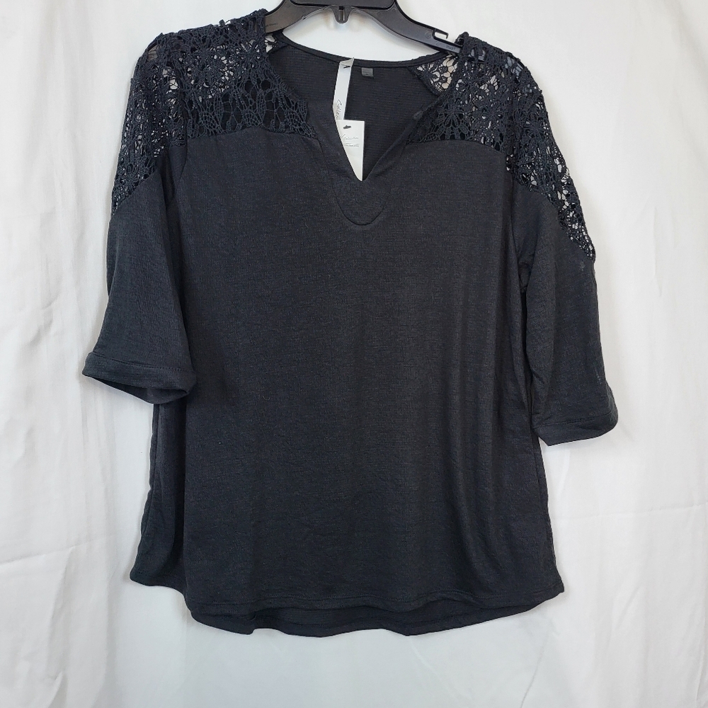 New York Collection Womens Black Crochet Lace Shoulder 3/4 Sleeve Blouse L New